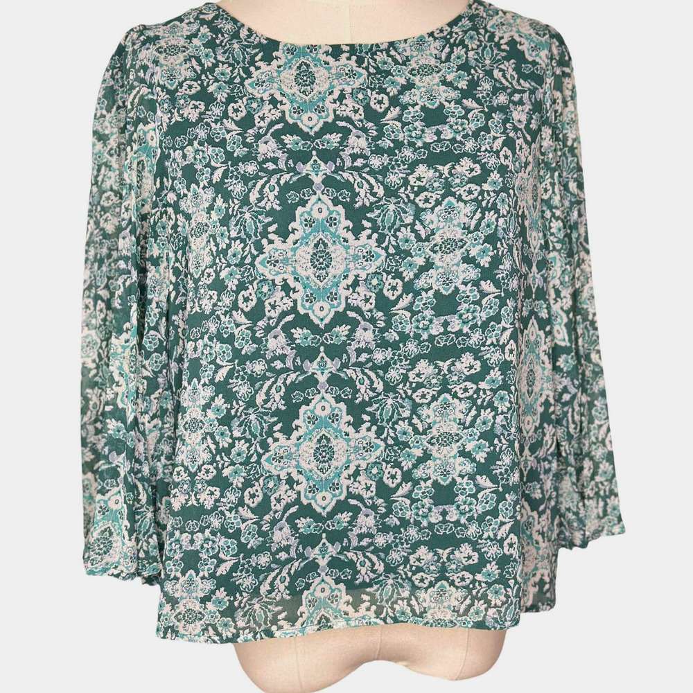 June & Hudson Size S Top Beautiful Lined Green Print Blouse Accordion Sleeve 021